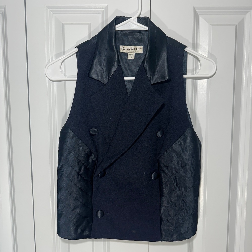 Bebe Vest Womens 6 Blue Wool Double Breasted Quilted Trim Vintage Made in USA